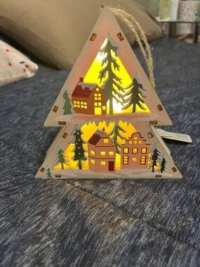 Festive Wooden Tree LED Ornament - White and Brown Holiday Village